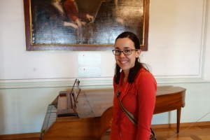 Elise with Mozart's actual pianoforte.